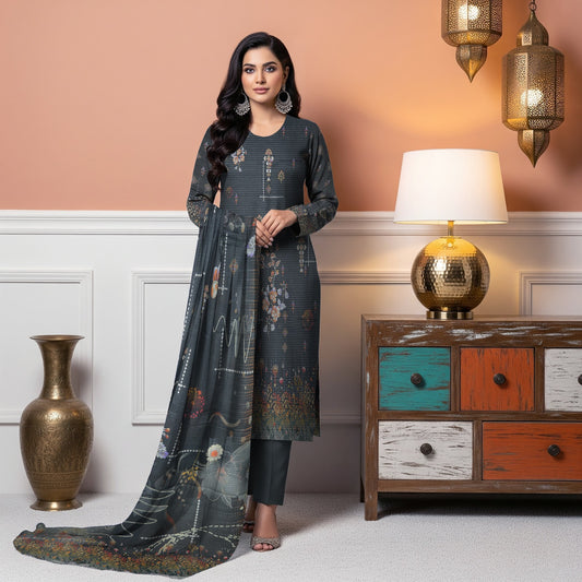 Premium Lawn 3PC Suit – Digital Print Shirt with Dupatta & Dyed Trouser | Summer 2026