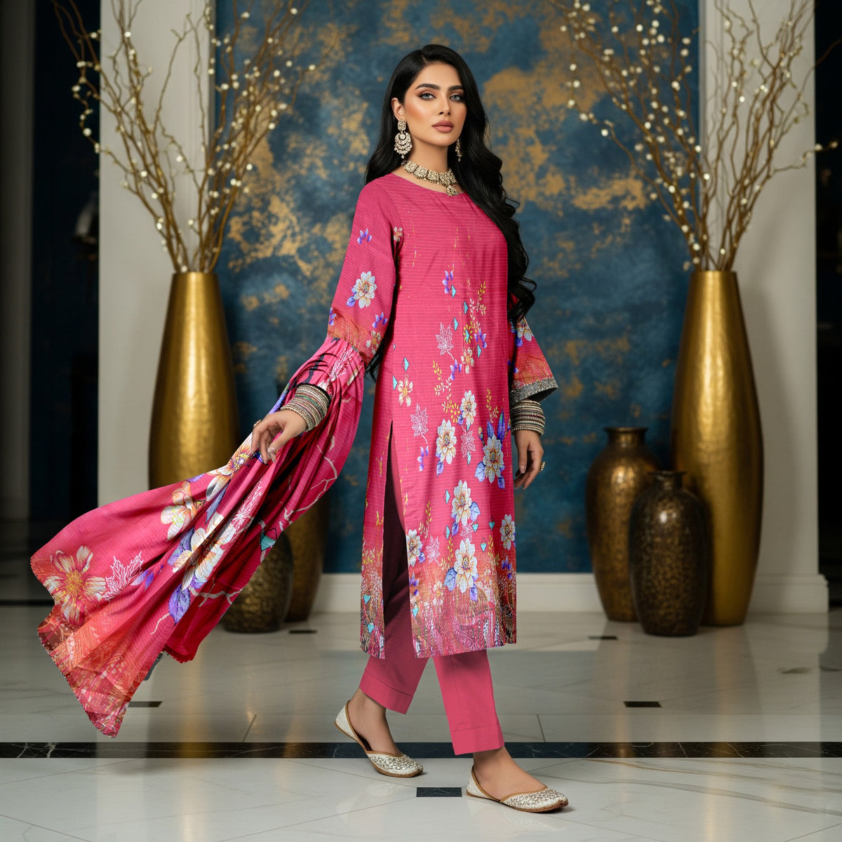 Premium Lawn 3PC Suit – Digital Print Shirt with Dupatta & Dyed Trouser | Summer 2026